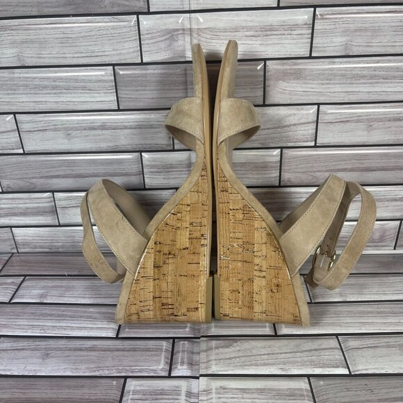 Stuart Weitzman Ave 75 Beige Suede Strappy Wedge Sandals Sandlewood Size 10-NEW - Picture 6 of 8